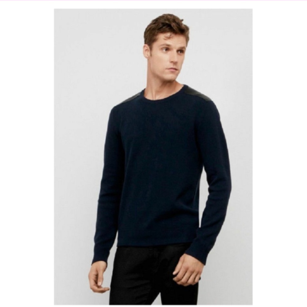 Kenneth Cole Men Round neck Navy knit sweater with leather shoulder pads